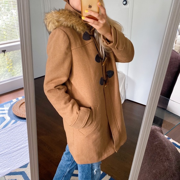 🍂 CHIC TAN FAUX FUR WOOL BLEND HOODED WINTER JACKET! - Picture 3 of 16
